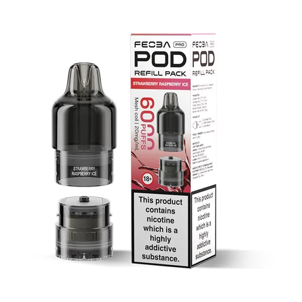 Vape pod and packaging with 'FECBA' branding on a white background