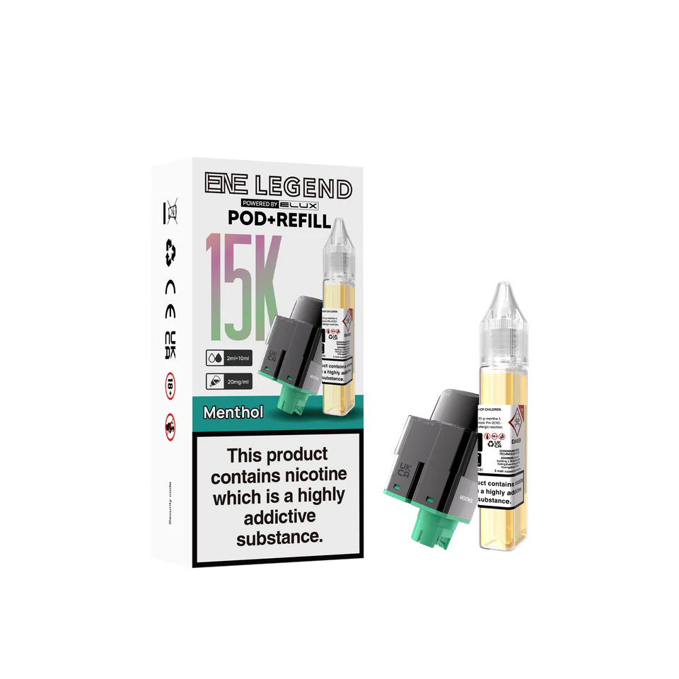 E-Legend vape pod and refill packaging on a white background