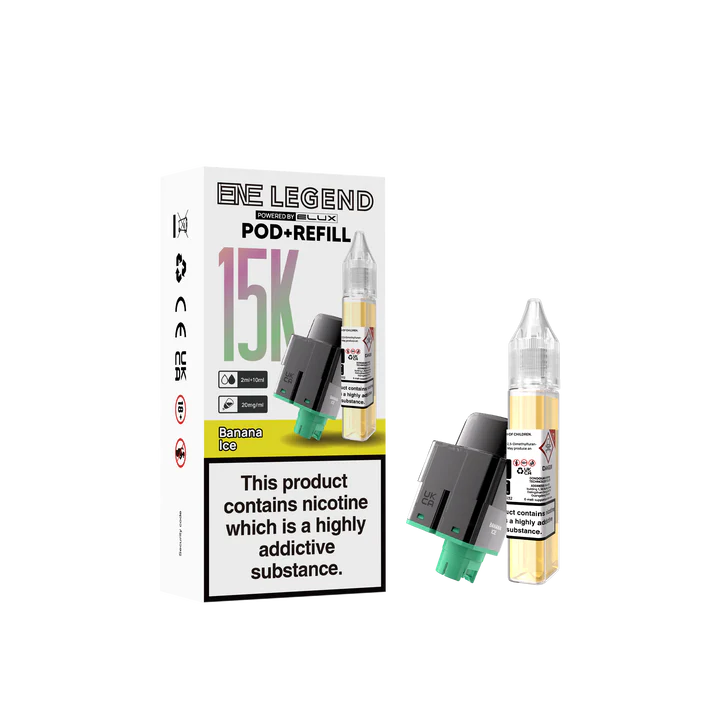 E-Liquid pod and refill packaging with nicotine warning label on a white background