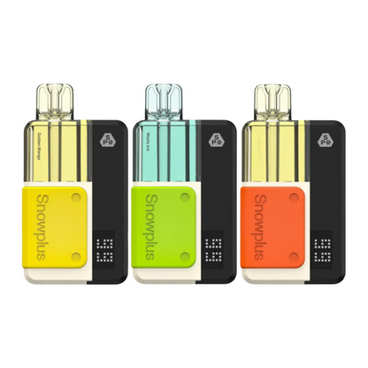Three colorful vape devices with 'Snowpuffs' branding on a white background