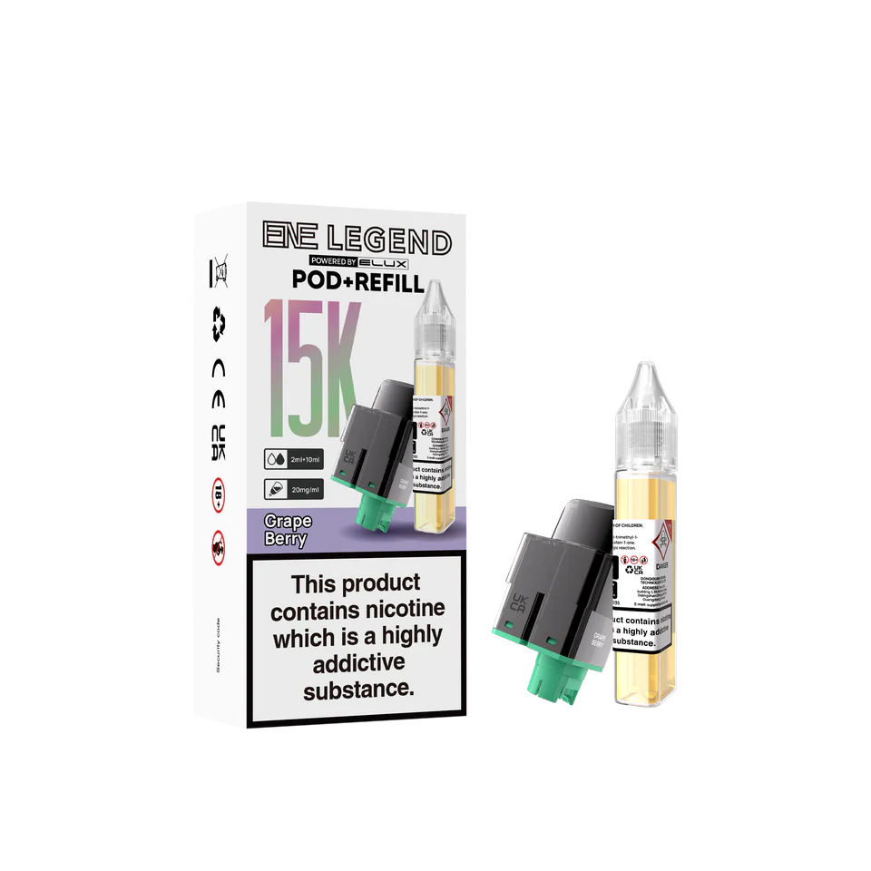 E-Legend vape pod and refill packaging on a white background