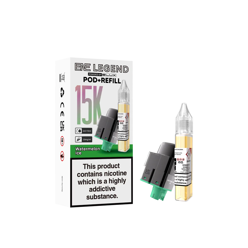 E-Legend vape pod and refill packaging with nicotine warning on a white background