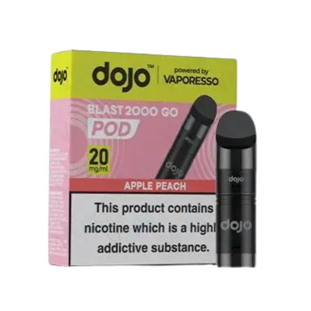  dojo vape pod packaging with black vape pod on a white background with Apple peach Flavour