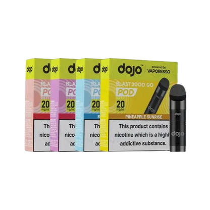 Dojo vape pod packaging with a vape pod on a white background
