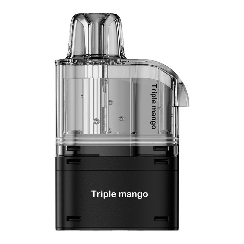Clear and black vape device with 'Triple Mango' branding on a white background