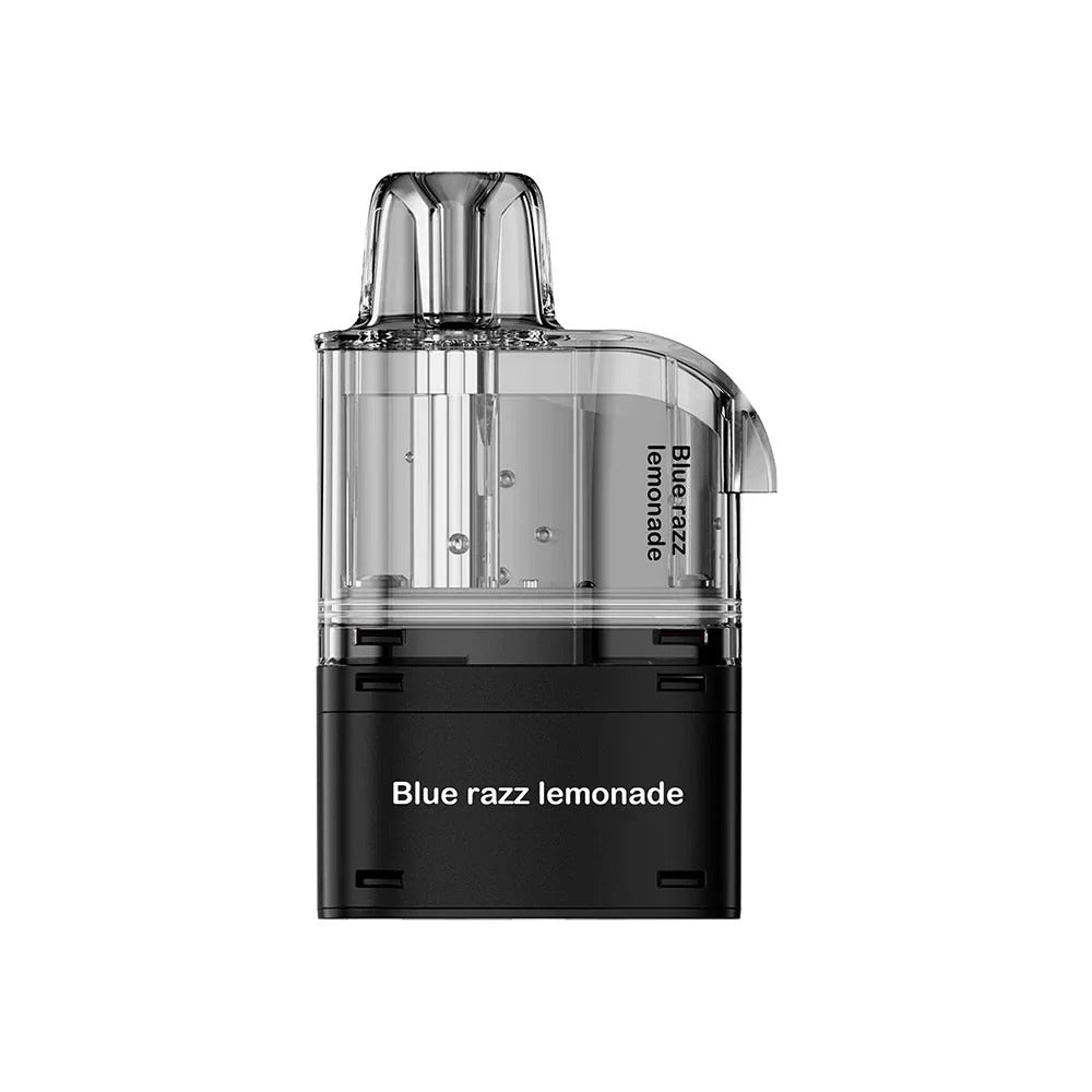 Clear and black vape device with 'Blue razz lemonade' branding on a white background