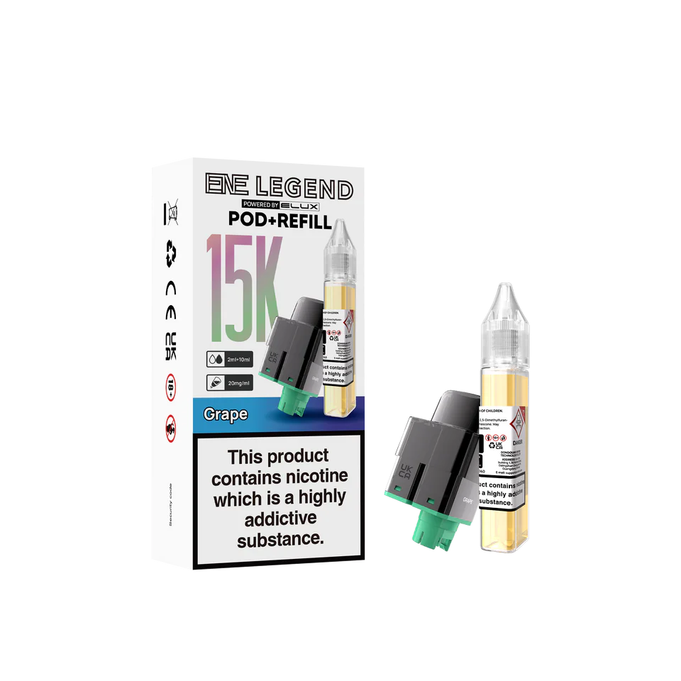 E-Legend vape pod and refill packaging with nicotine warning on a white background