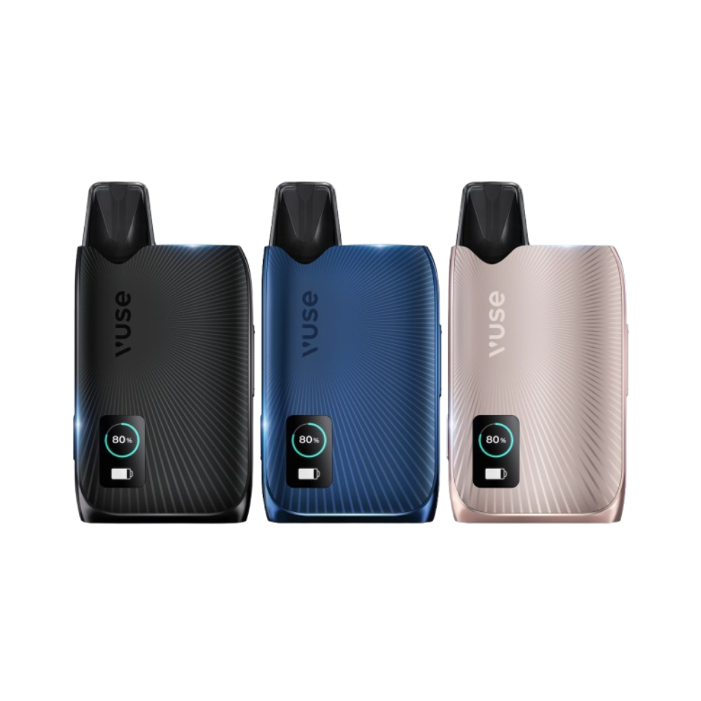 Three Vuse vaping devices in black, blue, and beige on a white background.

