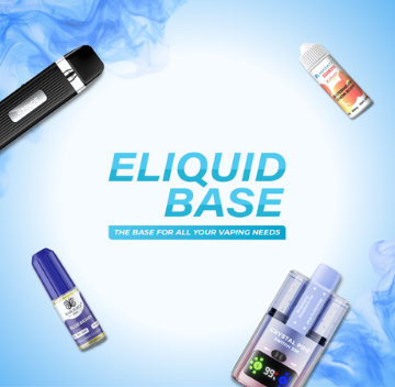 Eliquid Base logo with vape products around