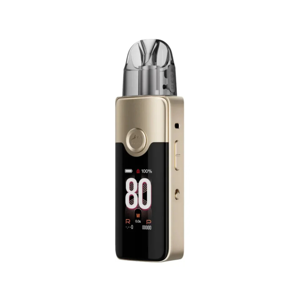 Vaping device with digital display on a white background Silver Gold color.