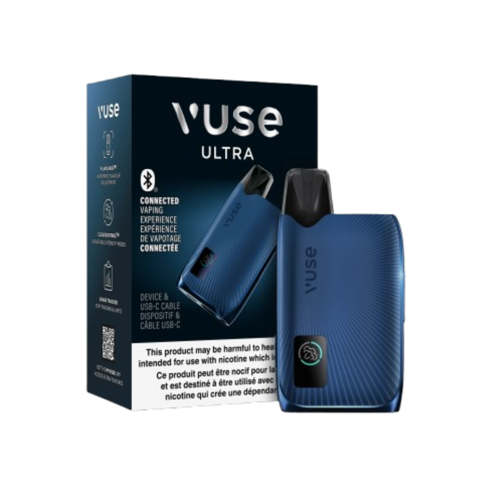 Vuse Ultra vaping device and packaging on a white background in Blue Color.
