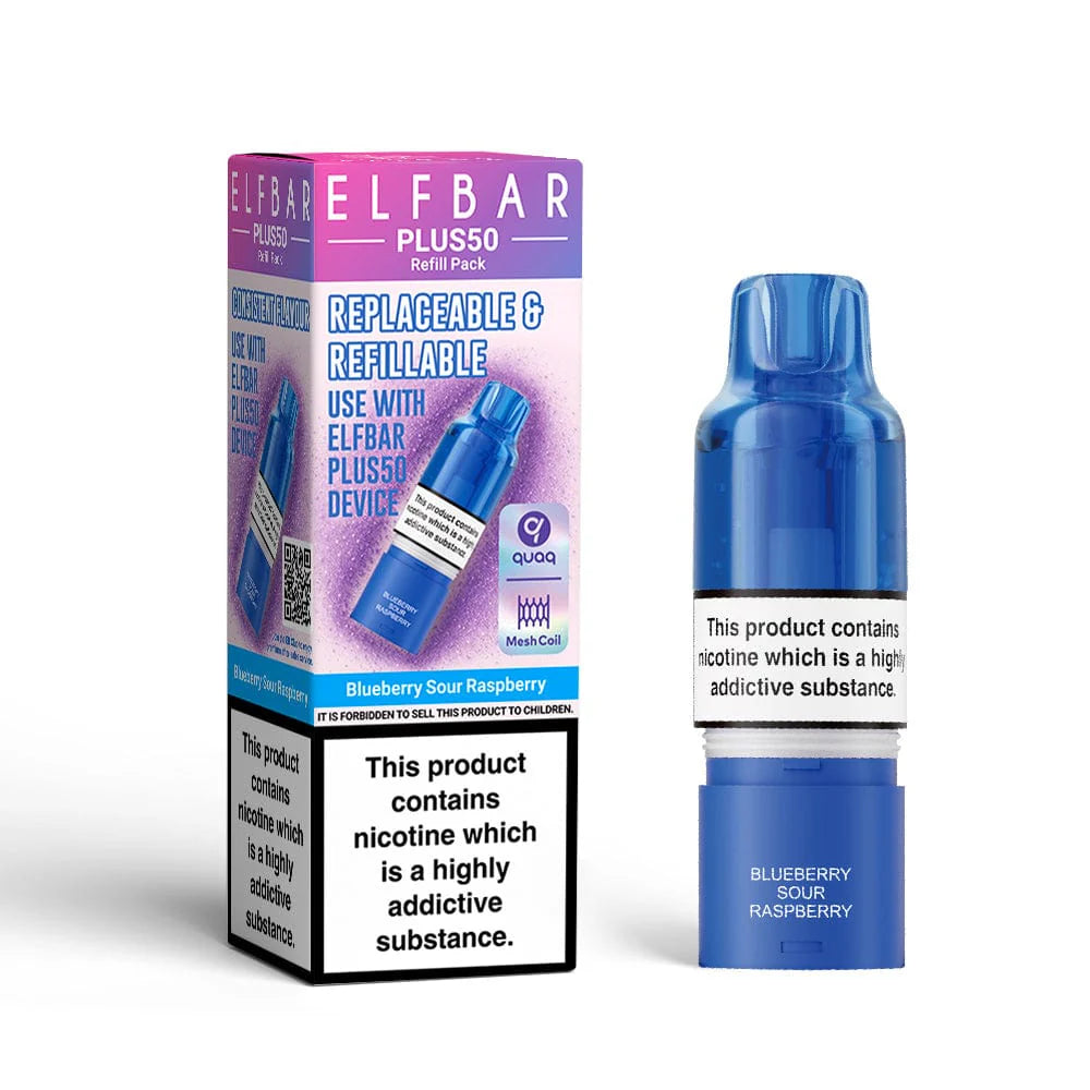 Elf Bar Plus50 refill pack with blue vape device on a white background