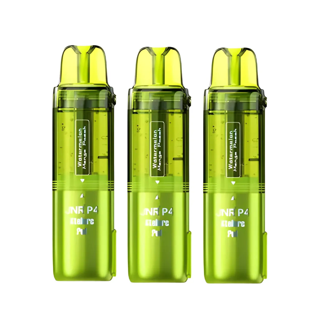 Three green watermelon flavor vape pens on a white background