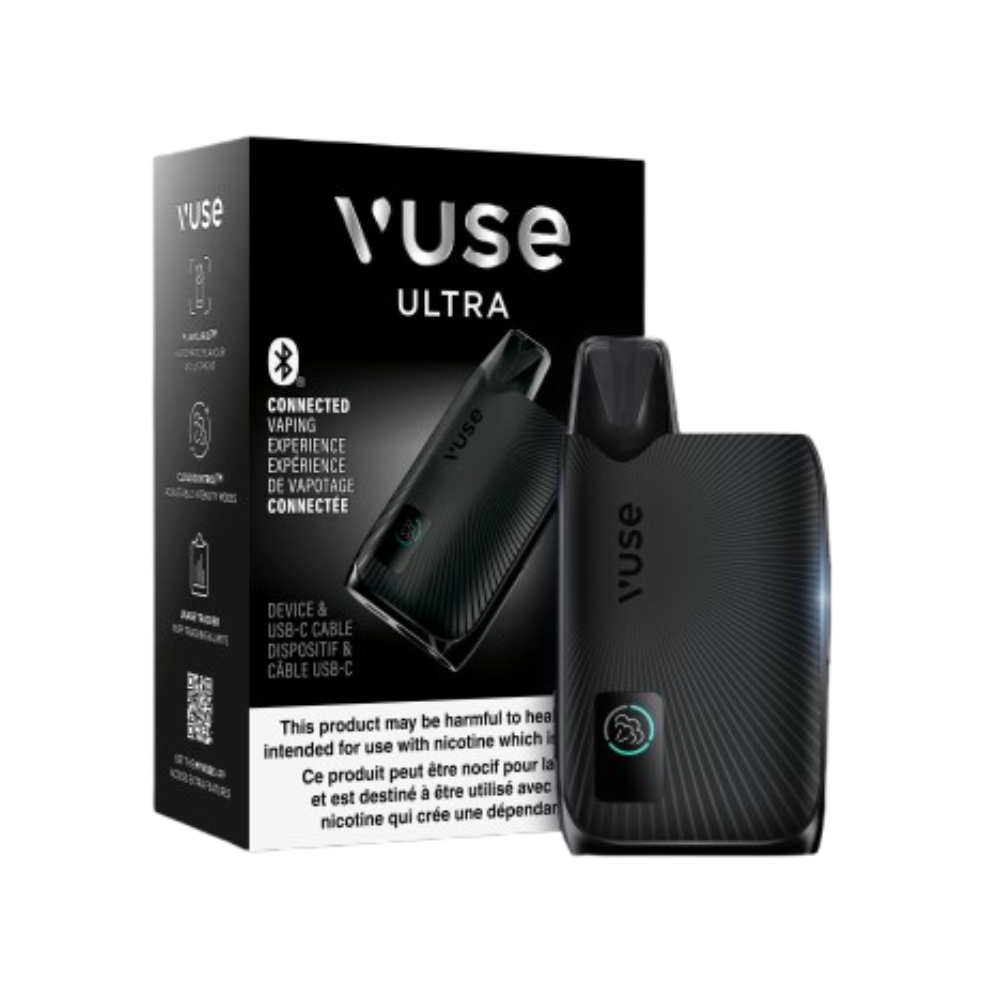 Vuse Ultra vaping device and packaging on a white background in Black Color.
