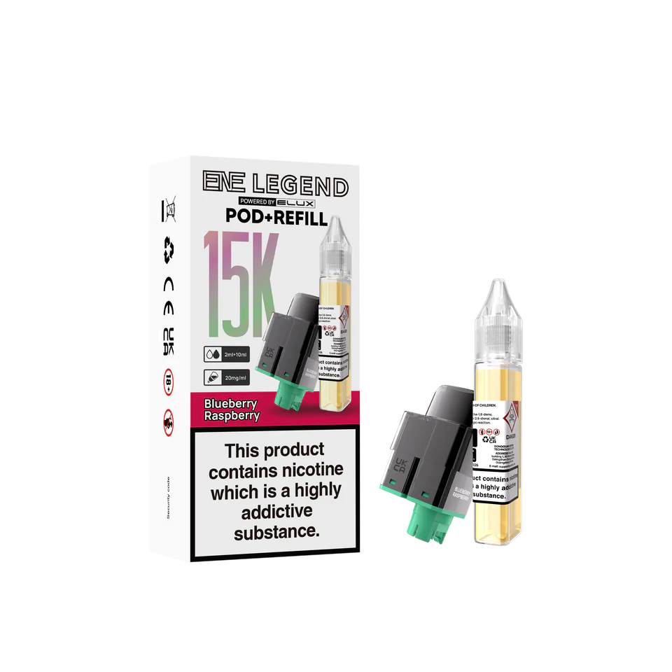 E-Liquid Pod and Refill packaging with nicotine warning on a white background