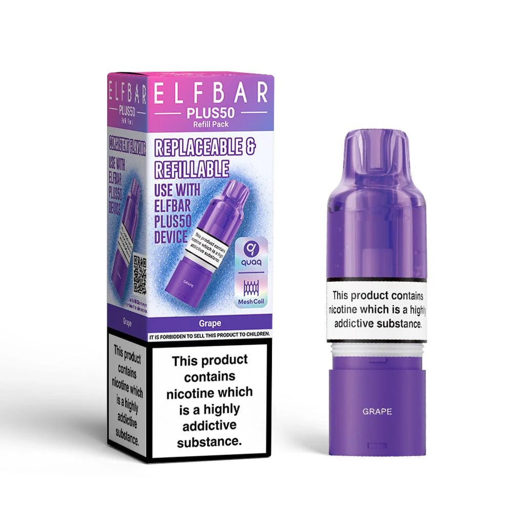 Purple vape device with packaging on a white background