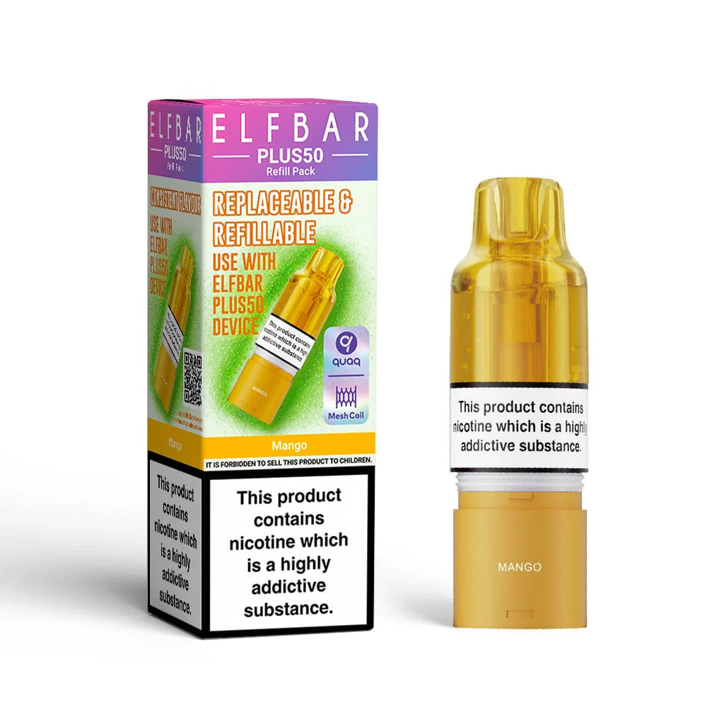Elf Bar Plus50 refill pack with mango flavor on a white background