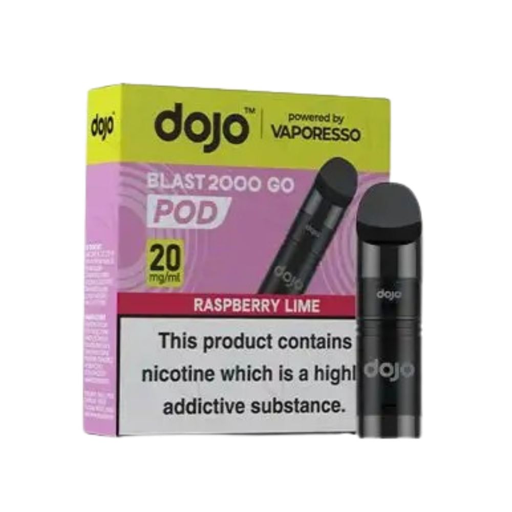 Vaporesso Dojo Blast 2000 Go Prefilled Pod Vape in Raspberry Lime flavour with tangy fruity blend.