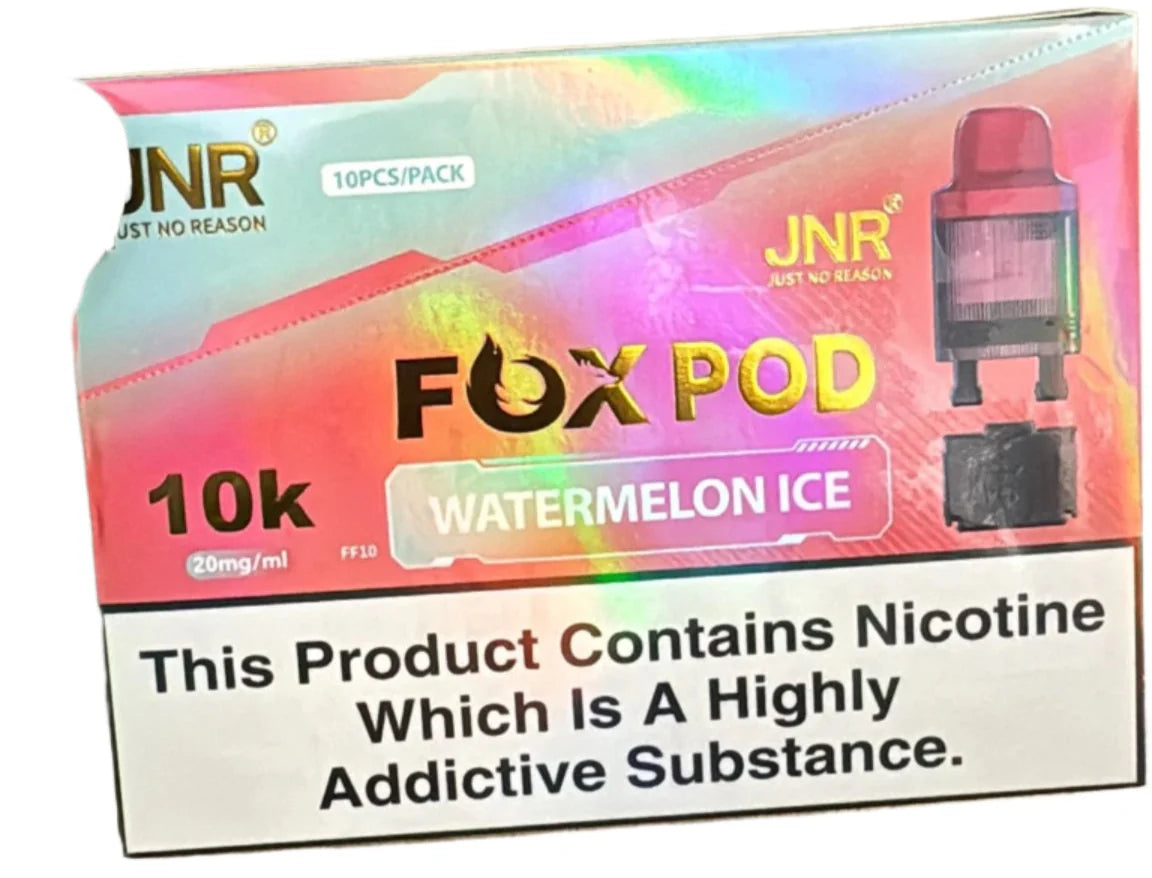 JNR FOX POD packaging for watermelon ice flavor with nicotine warning label.