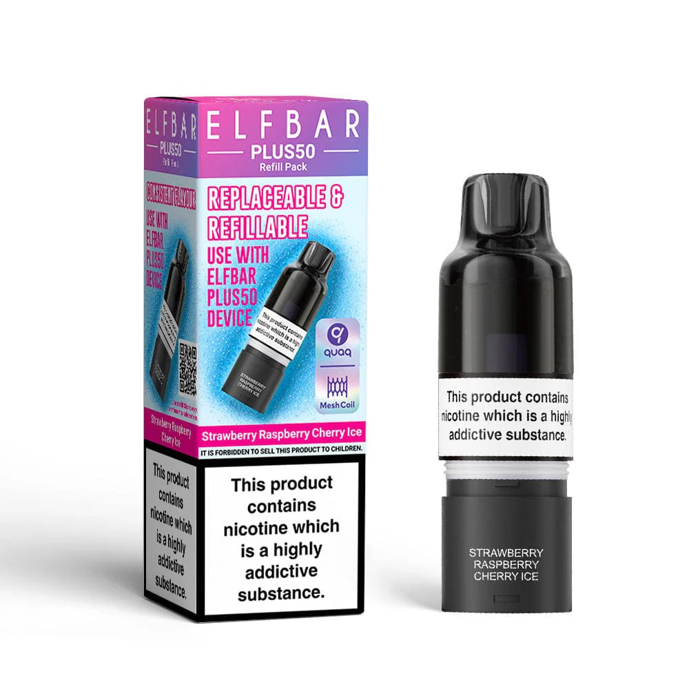 Elf Bar Plus50 refill pack with black vape device on a white background