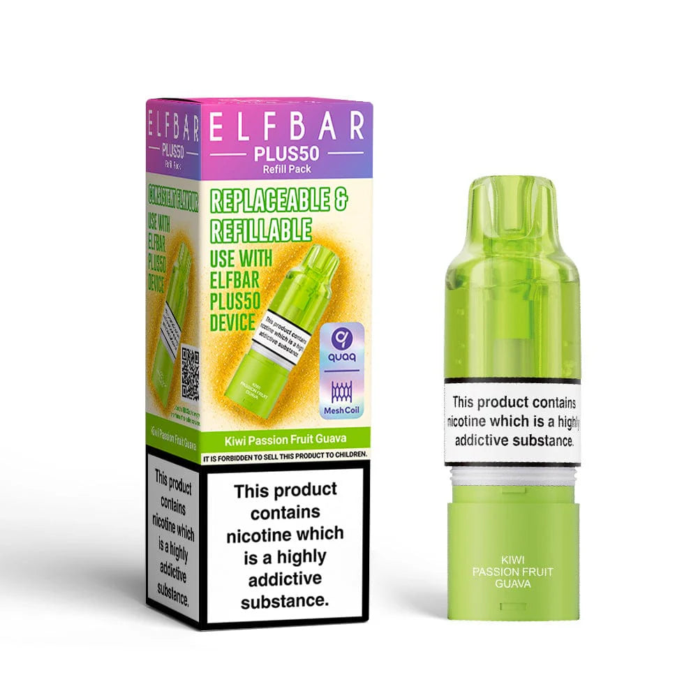 Elf Bar Plus50 refill pack for vape devices with green vape pen and packaging on a white background