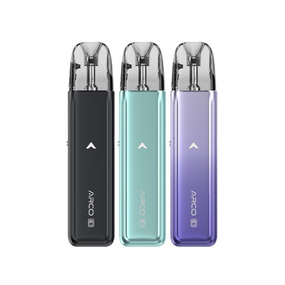 Three ARCO vape devices in black, teal, and purple on a white background.