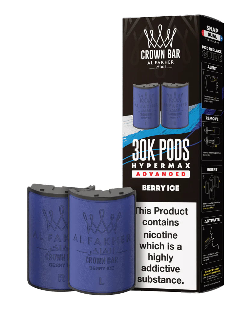 Crown Bar Al Fakher 30K Pods Hypermax Advanced Berry Ice packaging with blue pods and black box.