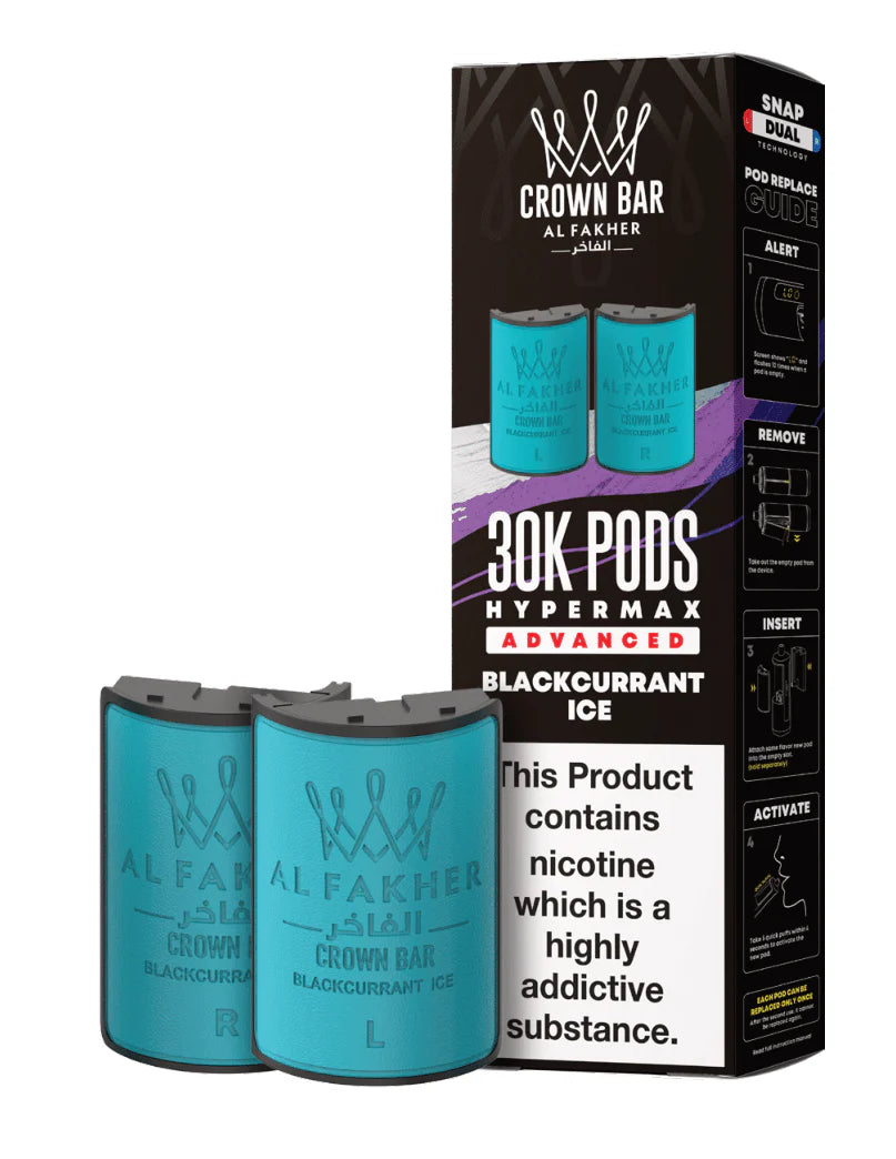 Al Fakher Crown Bar Blackcurrant Ice vape pods packaging with blue pods and black box.
