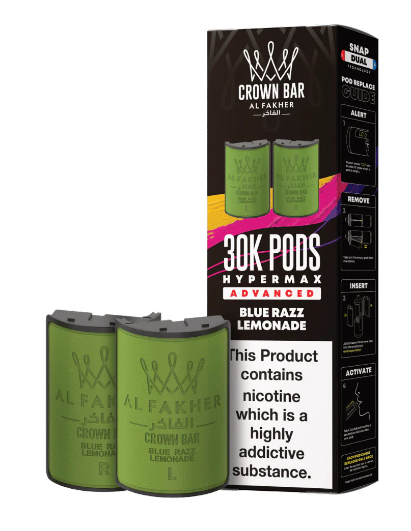 Green vape pods with packaging labeled 'Crown Bar Al Fakher' on a white background