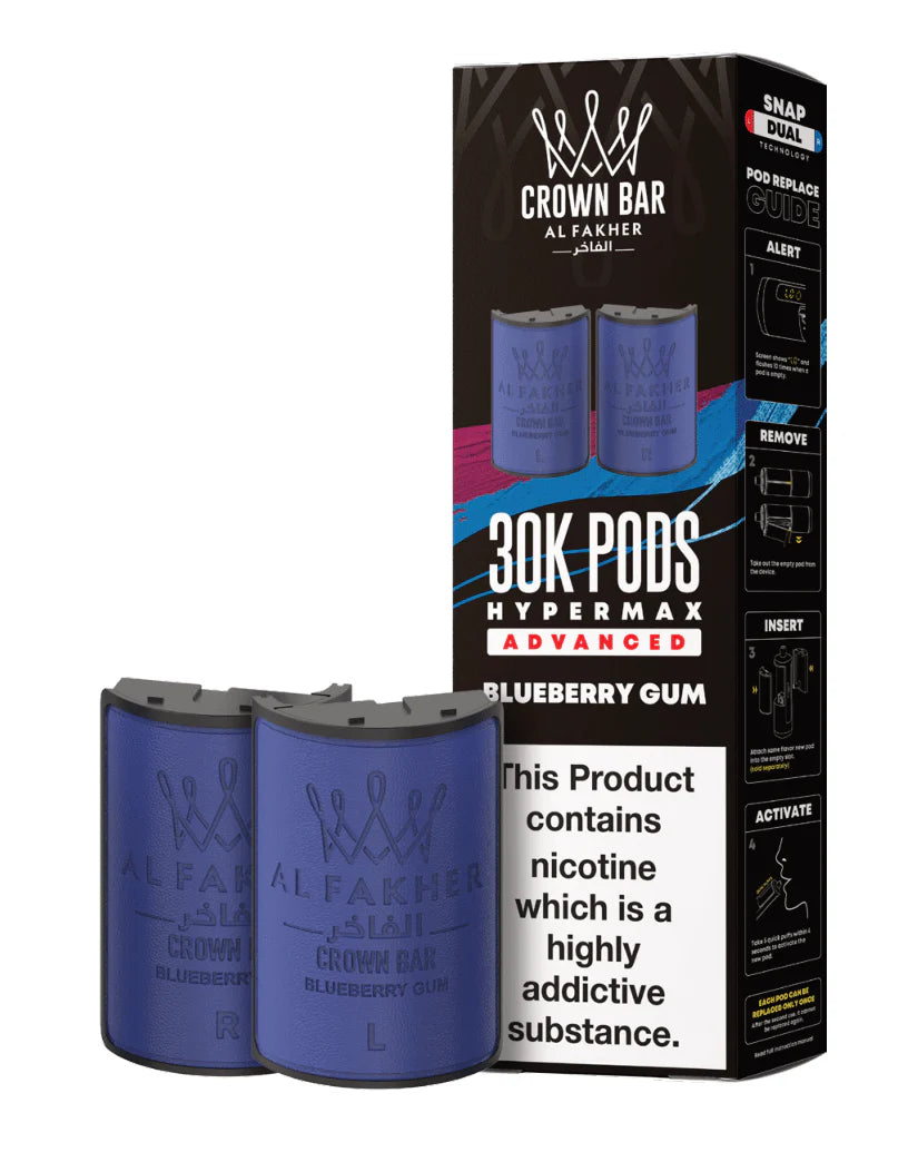 Crown Bar Al Fakher 30K Pods Hypermax packaging with blue pods on a white background