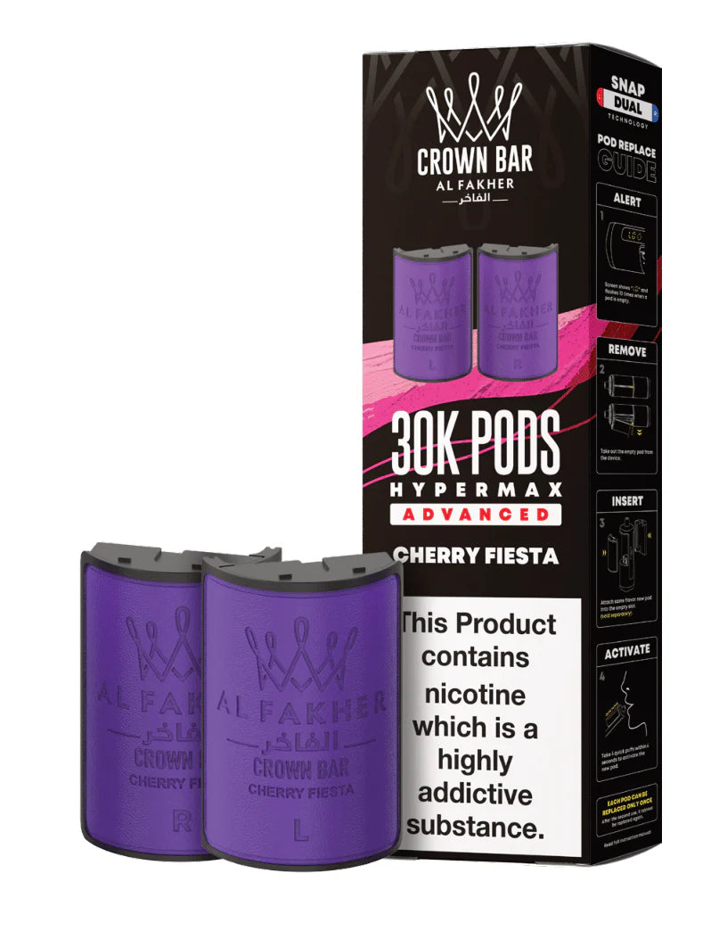 Purple vape pods with packaging labeled 'Crown Bar Al Fakher' on a white background
