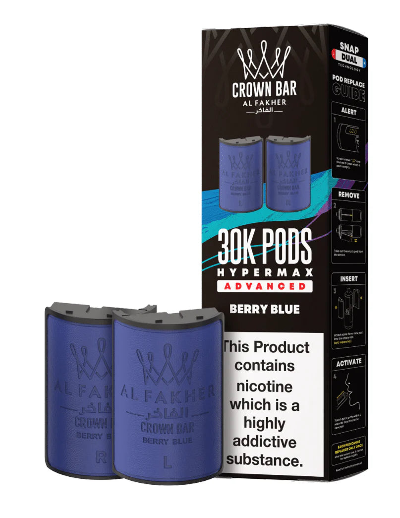 Crown Bar Al Fakher 30K Pods Hypermax Advanced Berry Blue packaging with two blue pods in front.