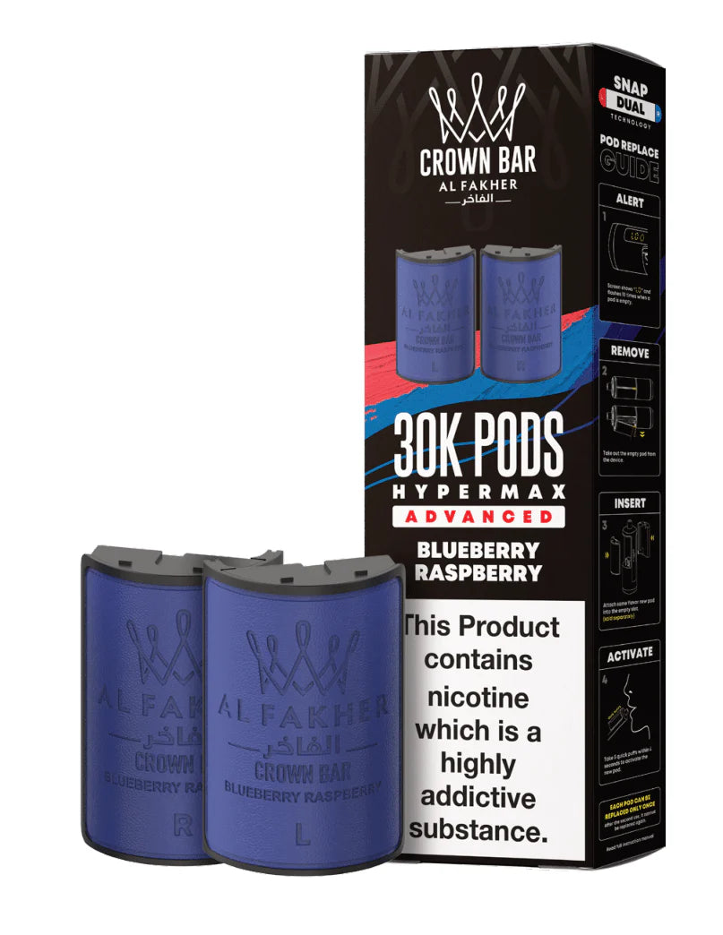 Crown Bar Al Fakher vape pods packaging with blue pods and black box on a white background