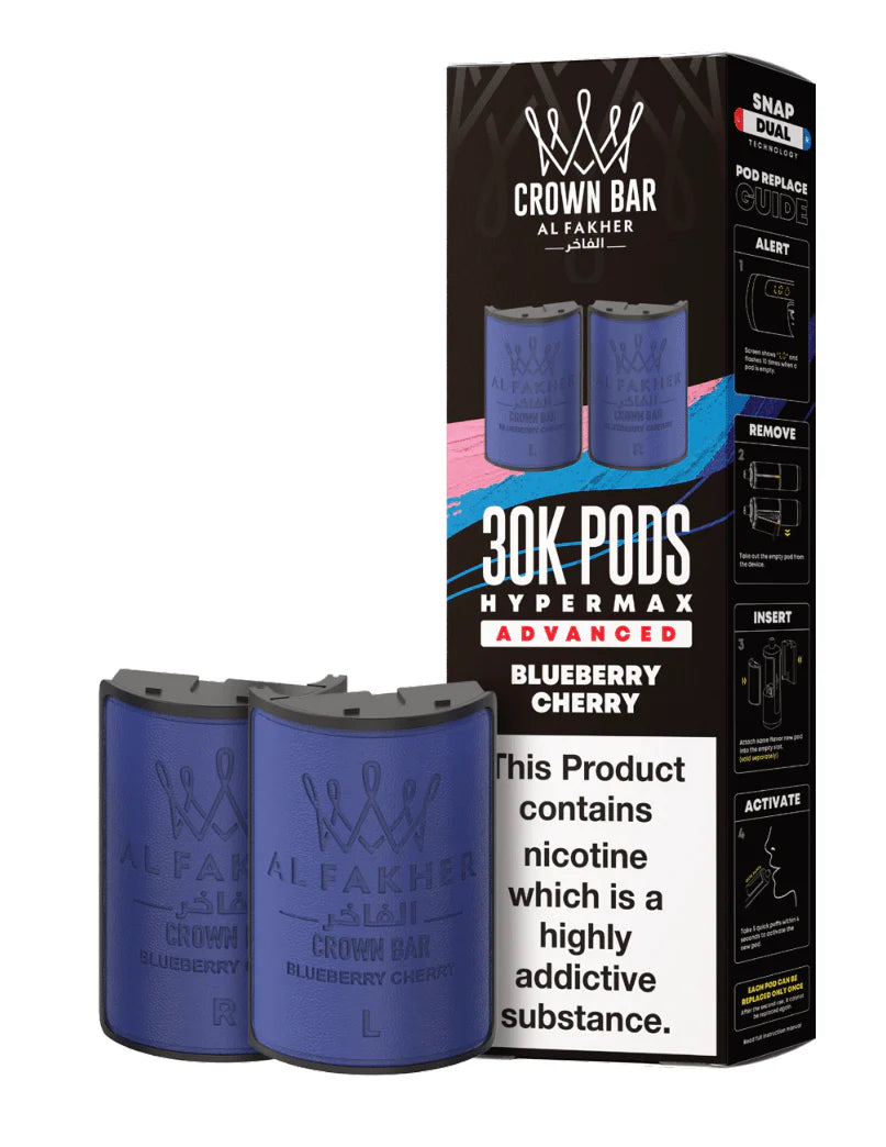 Crown Bar Al Fakher 30K Pods Hypermax packaging with blue pods on a white background