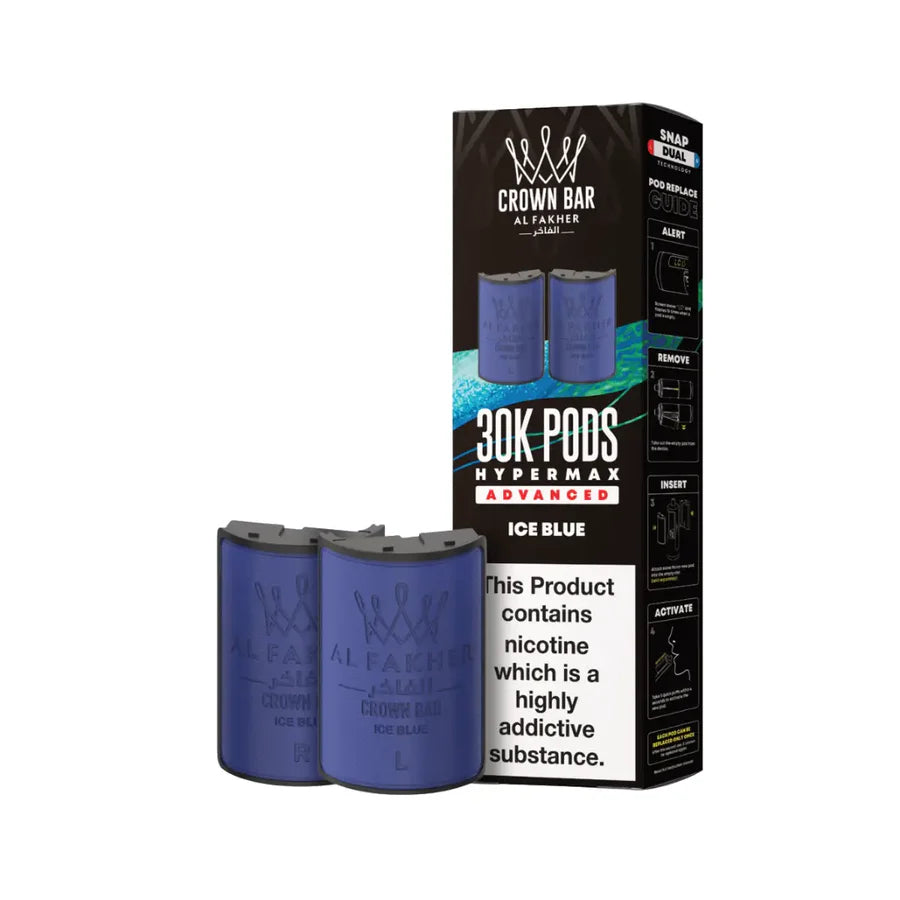 Crown Bar vape pods packaging with two blue vape pods on a white background