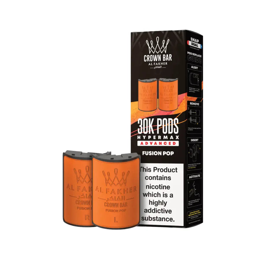 Two orange vape pods and their packaging on a white background
