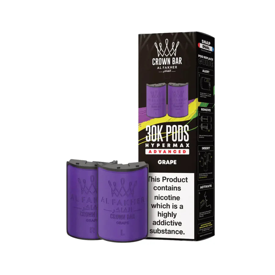 Purple vape pods with a black box labeled 'Crown Bar' on a white background