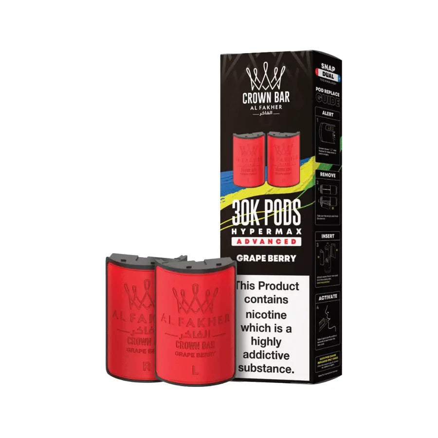 Red vape pods with packaging labeled 'Crown Bar' and '30K Pods Hypermax Advanced' on a white background.