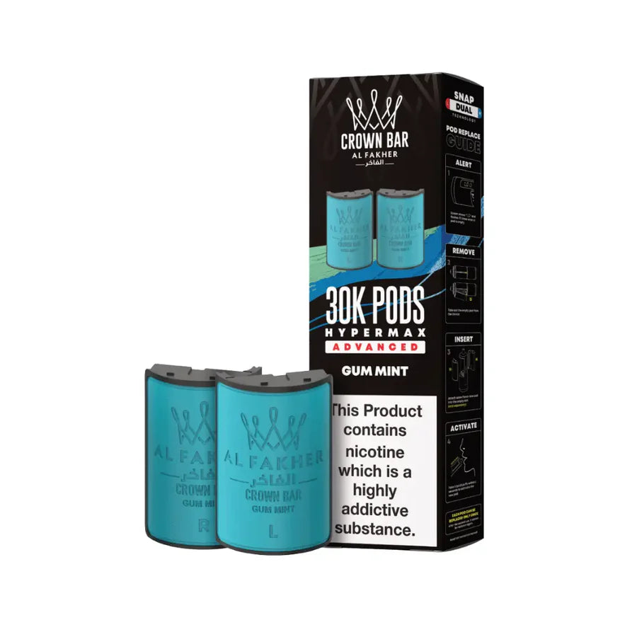 Two blue vape pods and their packaging on a white background