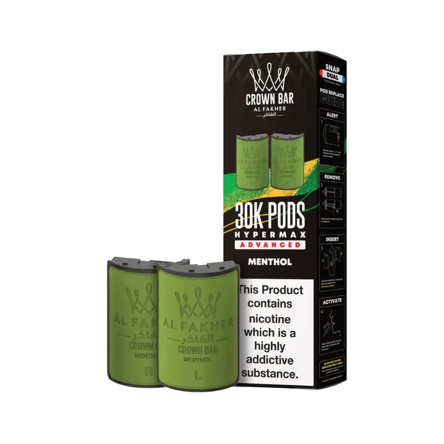 Two green vape pods with a black box labeled 'Crown Bar' on a white background.