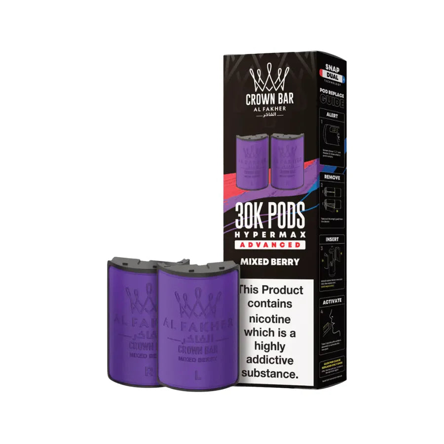 Purple vape pods with packaging labeled 'Crown Bar' on a white background