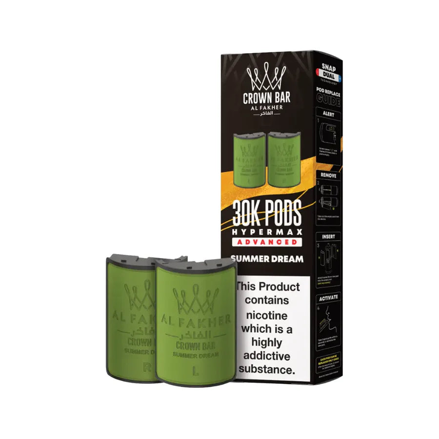 Crown Bar vape pods packaging with green pods and black box on a white background