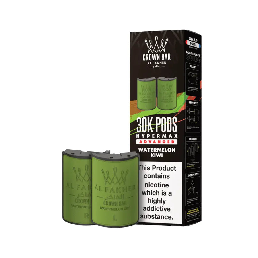 Two green vape pods and their packaging on a white background