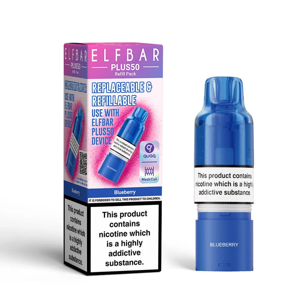 Blue Elf Bar Plus50 refillable vape device with packaging on a white background