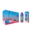 Vape device and packaging with blue and pink design on a white background