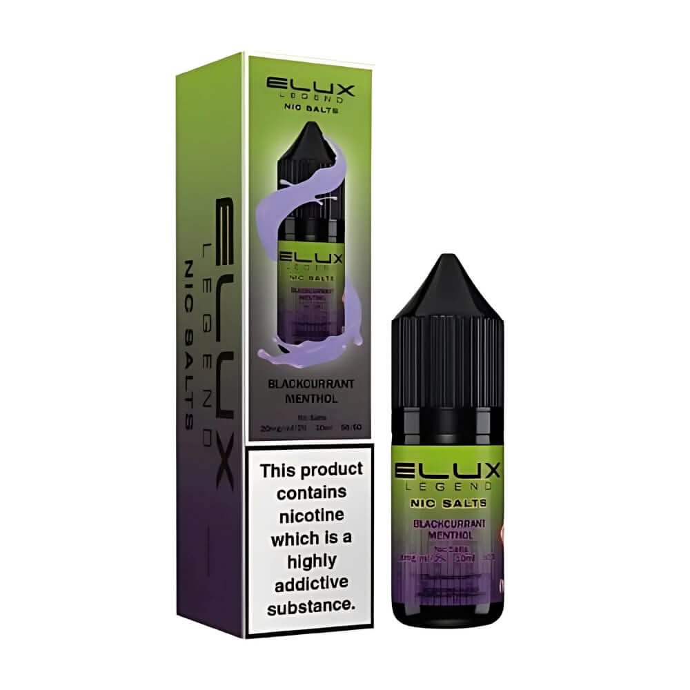 A product image showing a box and a bottle of Elux Legend NIC Salt 10ml in Blackcurrant Menthol flavor. The packaging is primarily green and purple with the brand name and product description.