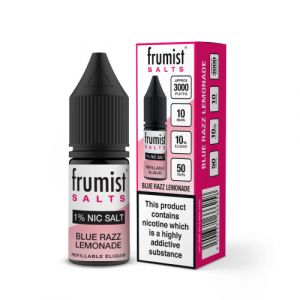 Frumist Salts Blue Razz Lemonade vape juice bottle and packaging on a white background
