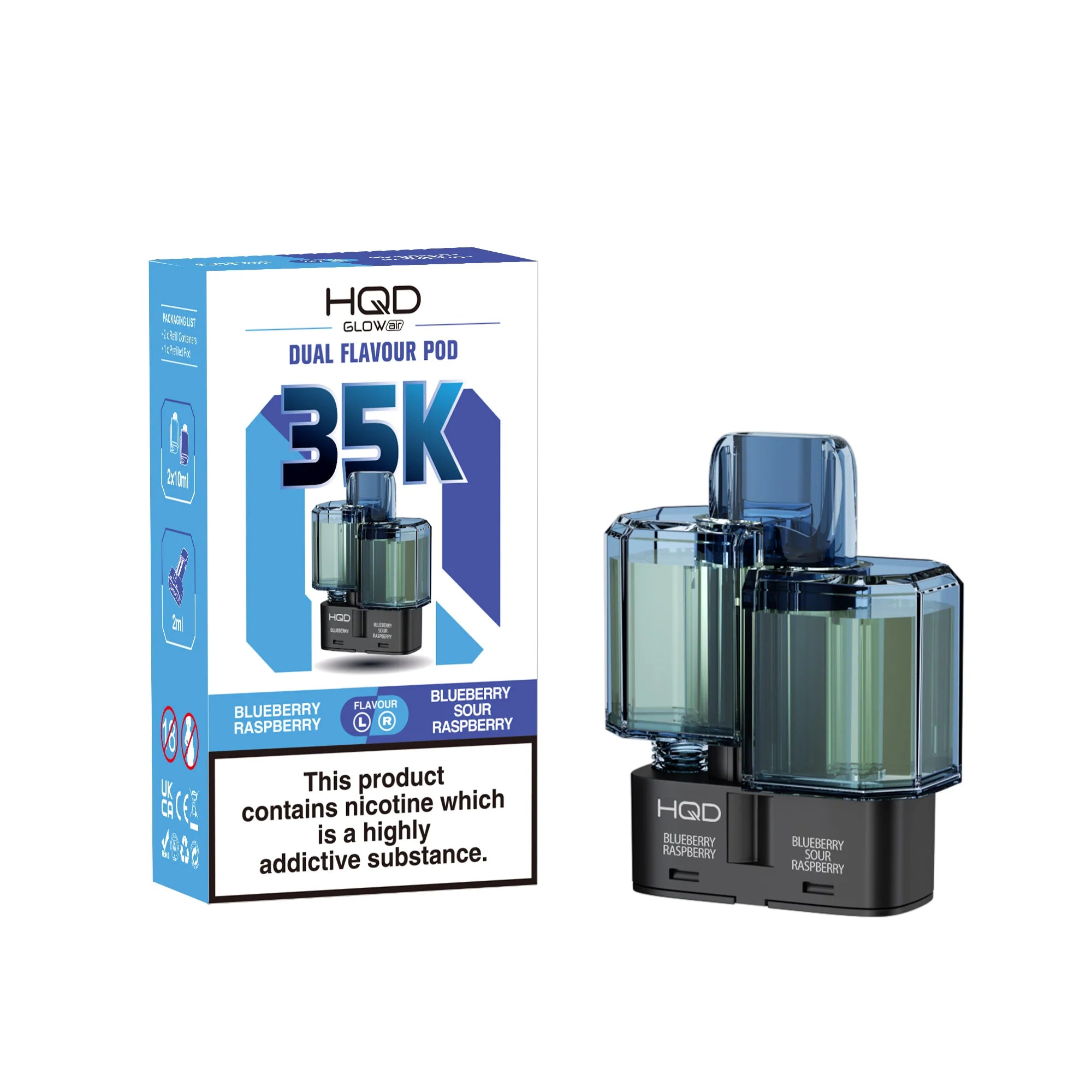 HQD dual flavour pod with packaging on a white background