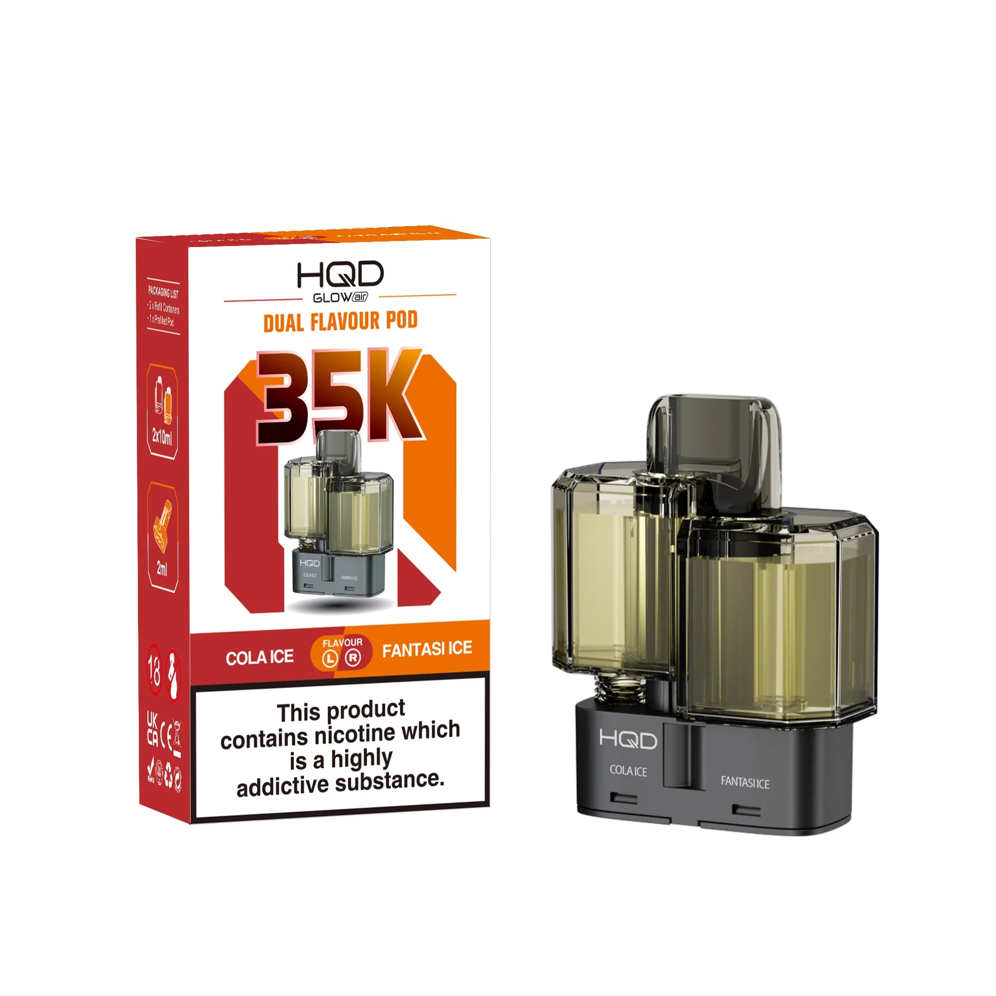 HQD dual flavour pod packaging with nicotine warning label on a white background