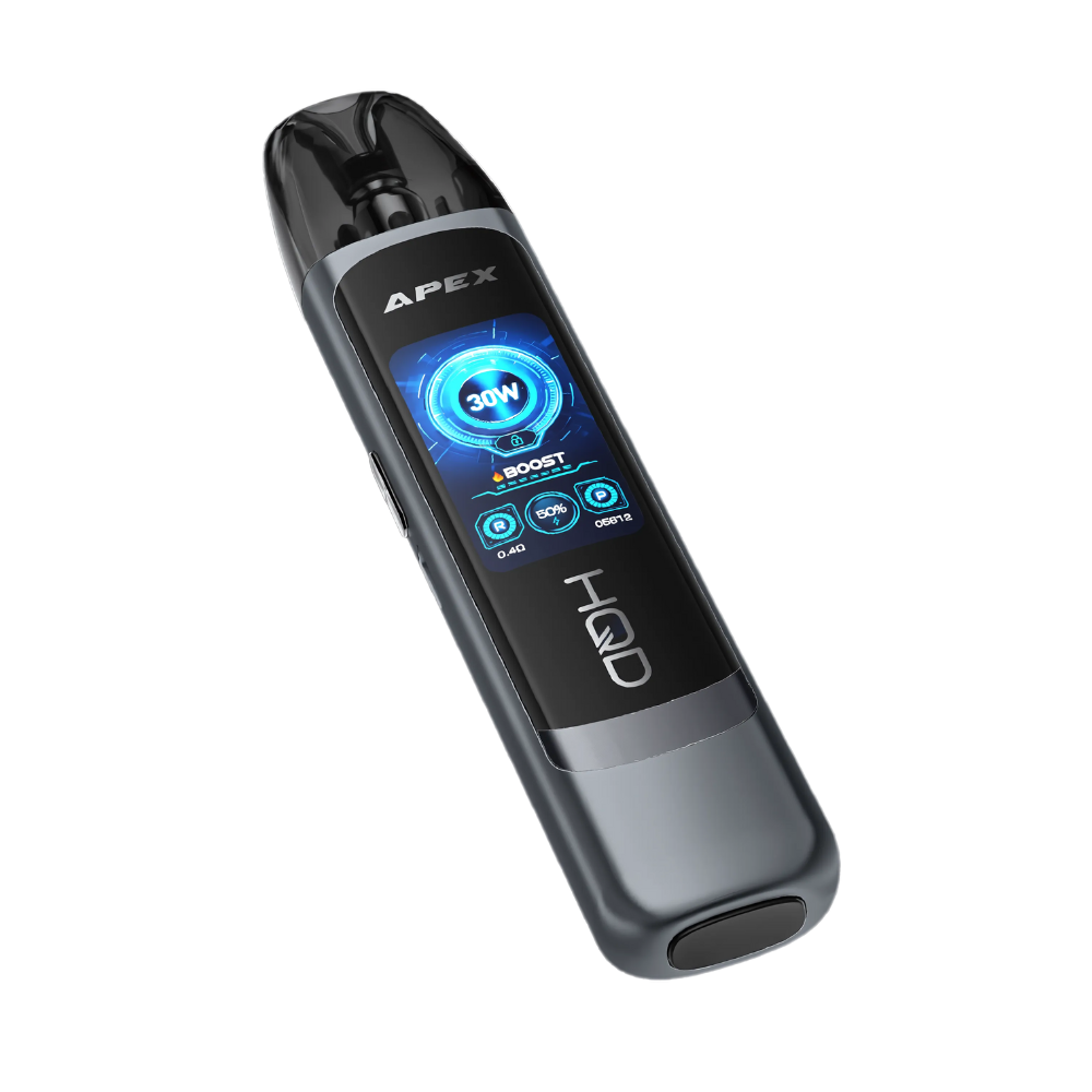 Apex HQD vaping device with digital display on a white background